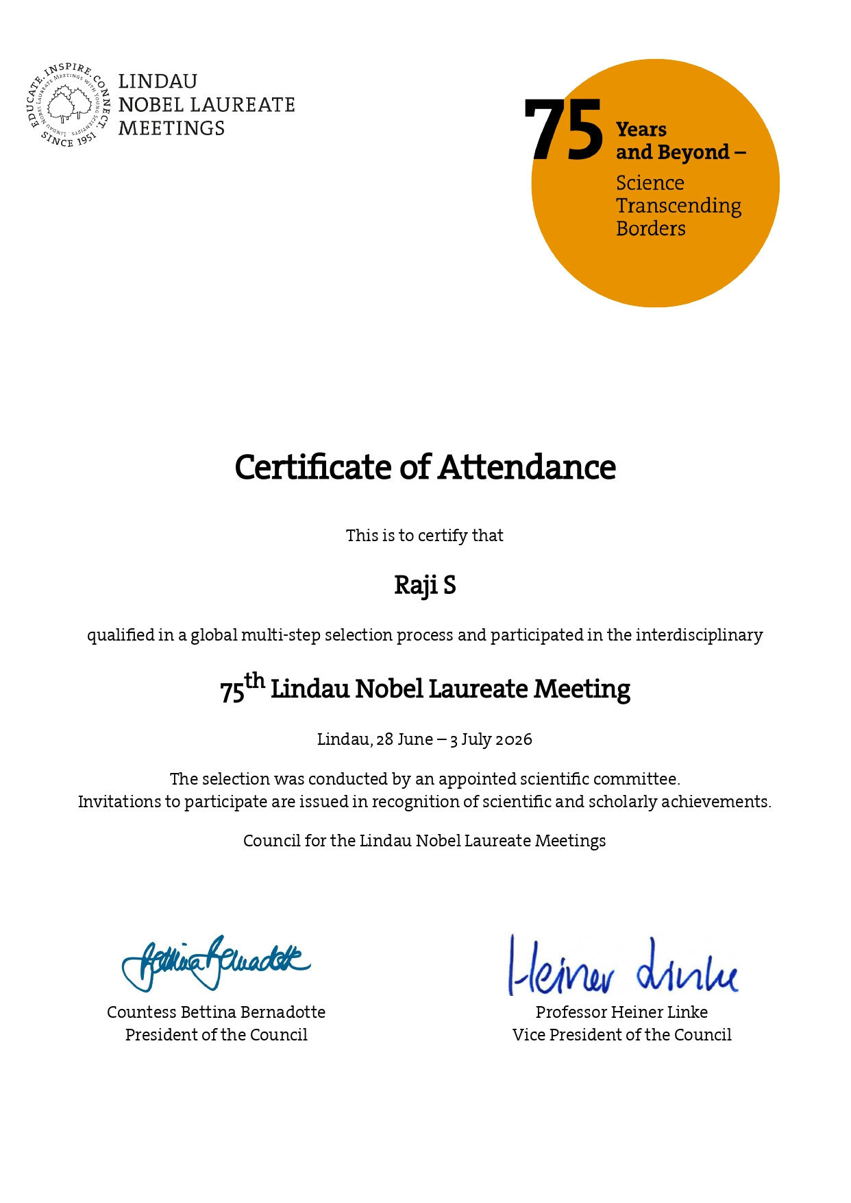 75th Lindau Nobel Laureate Meeting (Interdisciplinary), Germany