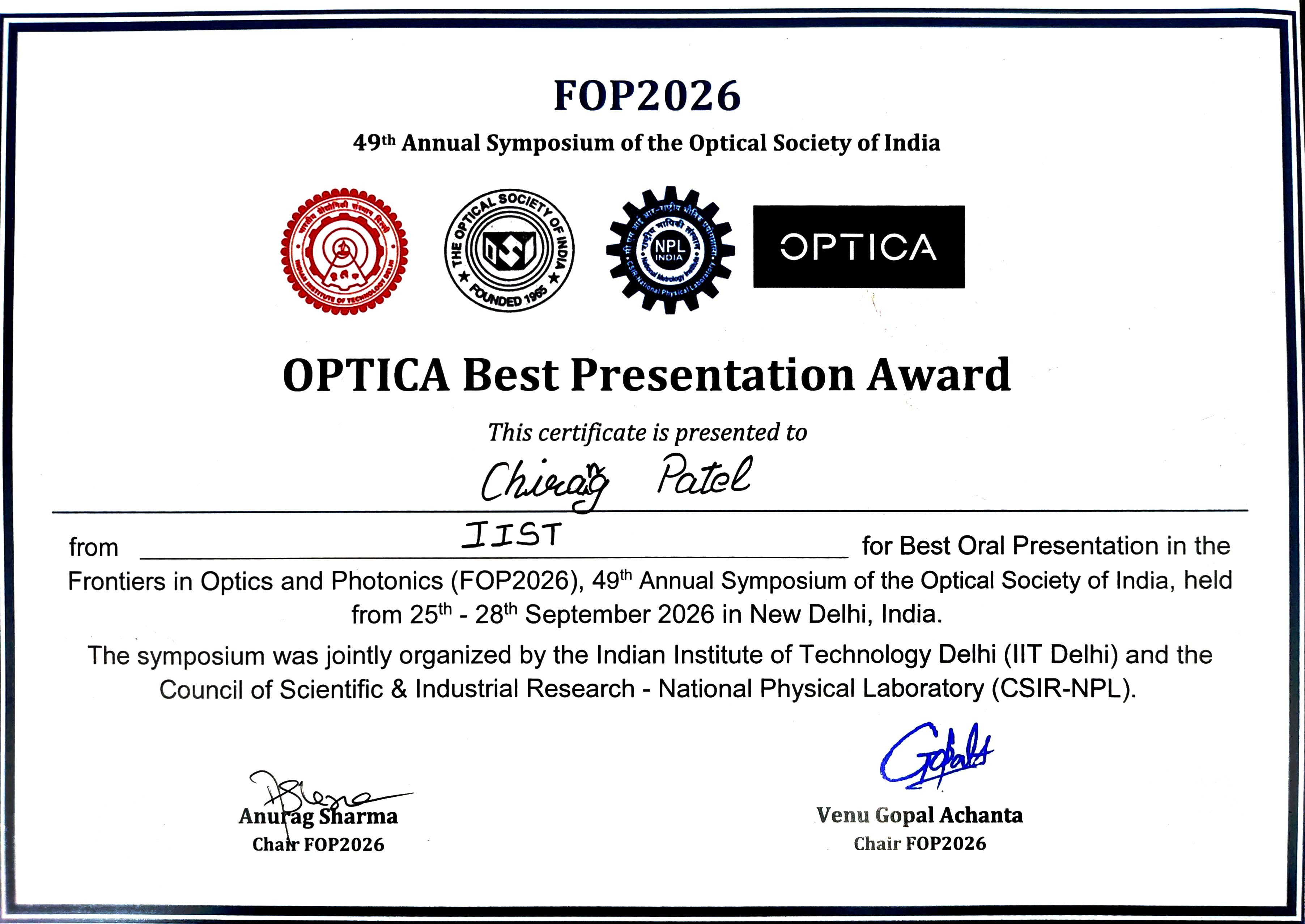 OPTICA Best Oral Presentation Award